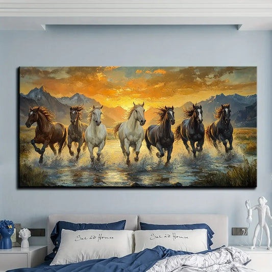 Elegant Feng Shui Seven Horse Canvas Wall Art with Pine Frame Waterproof 1.5 Inch Thick Horse Decoration for Sunset Scenes