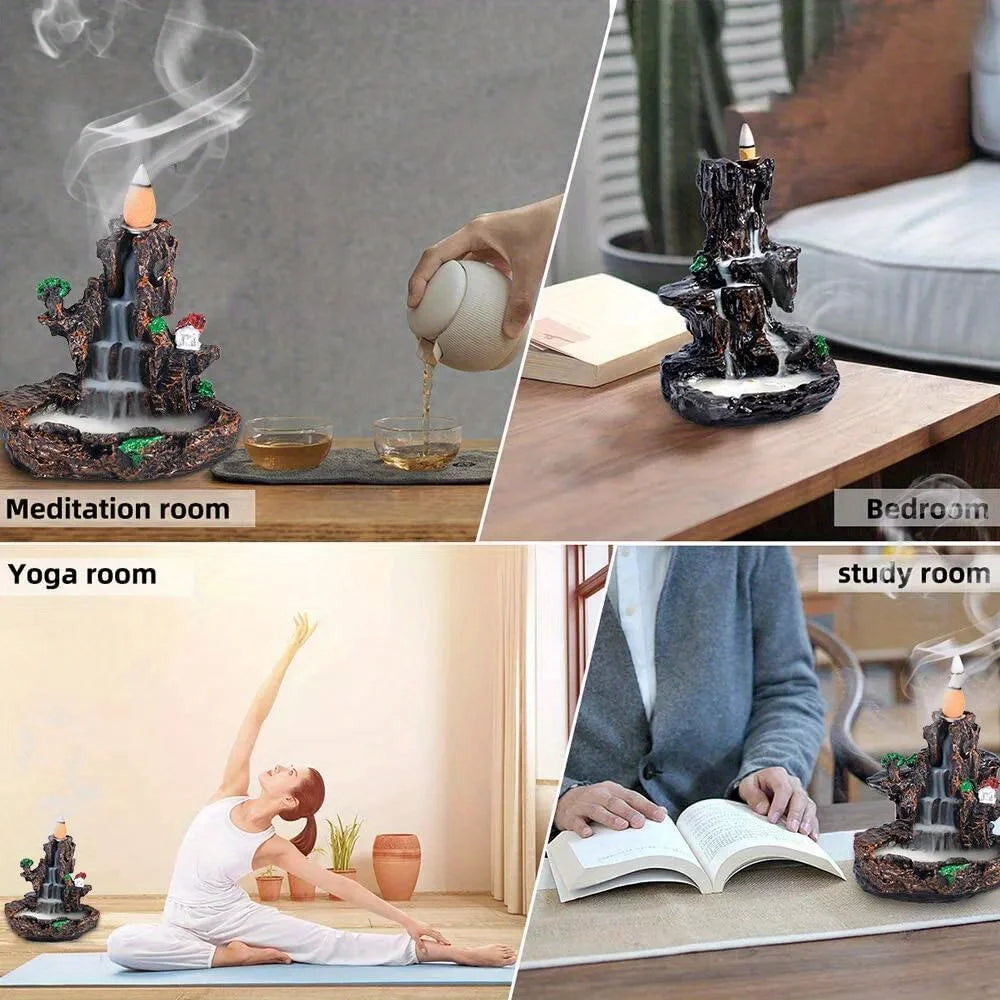 Resin Incense Waterfall Burner with 60 Incense Cones and Stand