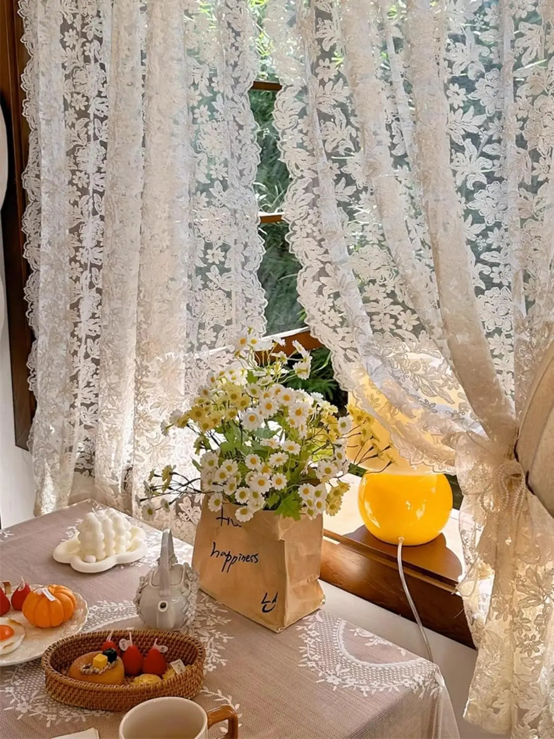 2 Pcs White Tulle Lace Embroidered Sheer Curtains for Living Room Bedroom Dining Retro Luxury Decor Door Kitchen Short Curtain