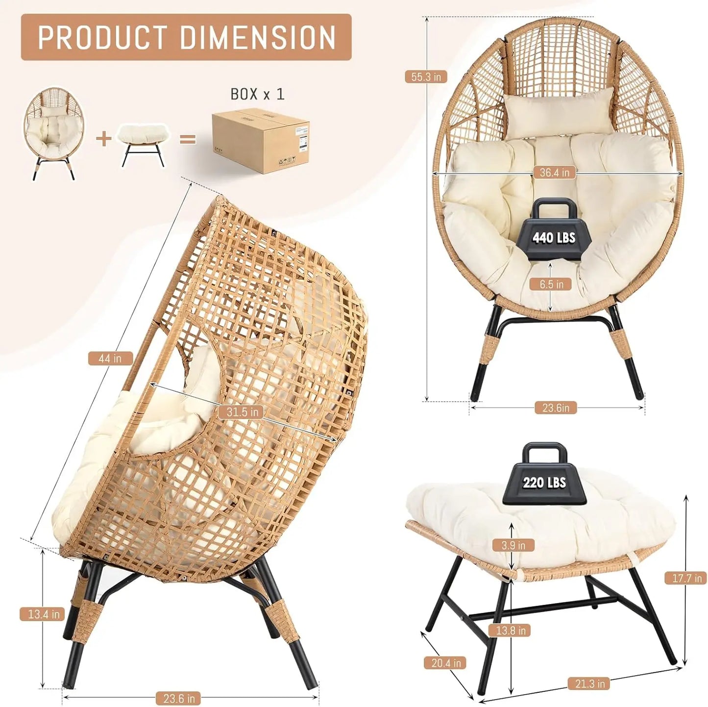Egg Chair With Footrest Wicker Patio Lounger Ottoman