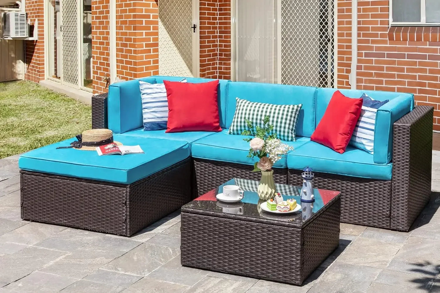 5 Piece Patio Furniture Set All Weather Brown PE Wicker Outdoor Couch Sectional