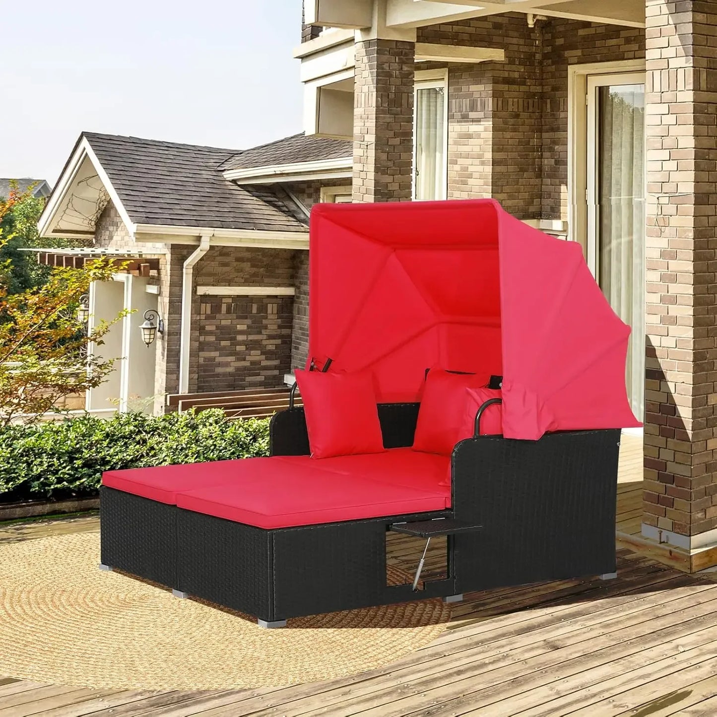 Outdoor Hand-Woven PE Wicker Daybed Patio Loveseat Sofa Set with Retractable Canopy & 2 Side Tables, Outdoor Sun Lounger