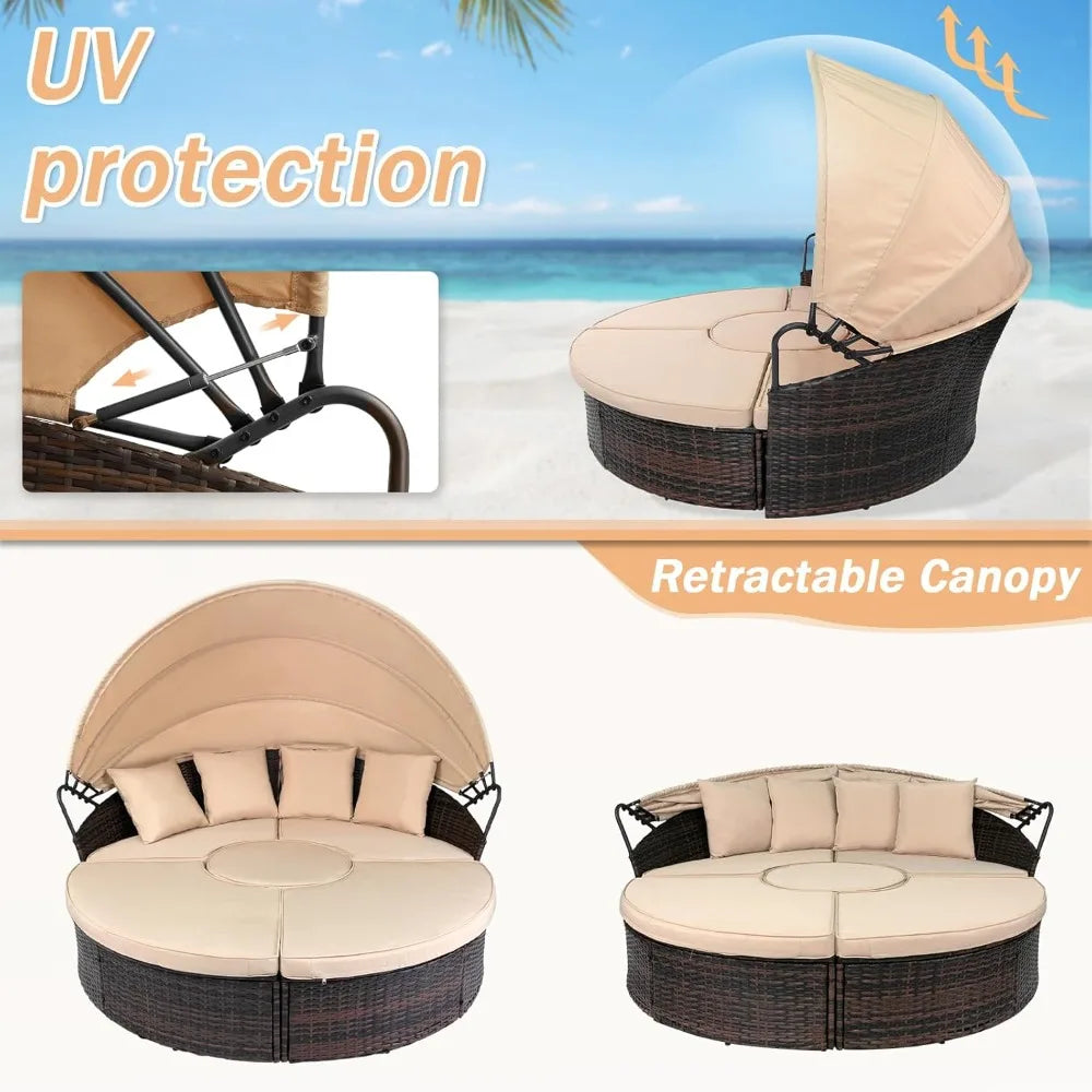 Patio Round Daybed With Retractable Canopy Rattan Wicker
