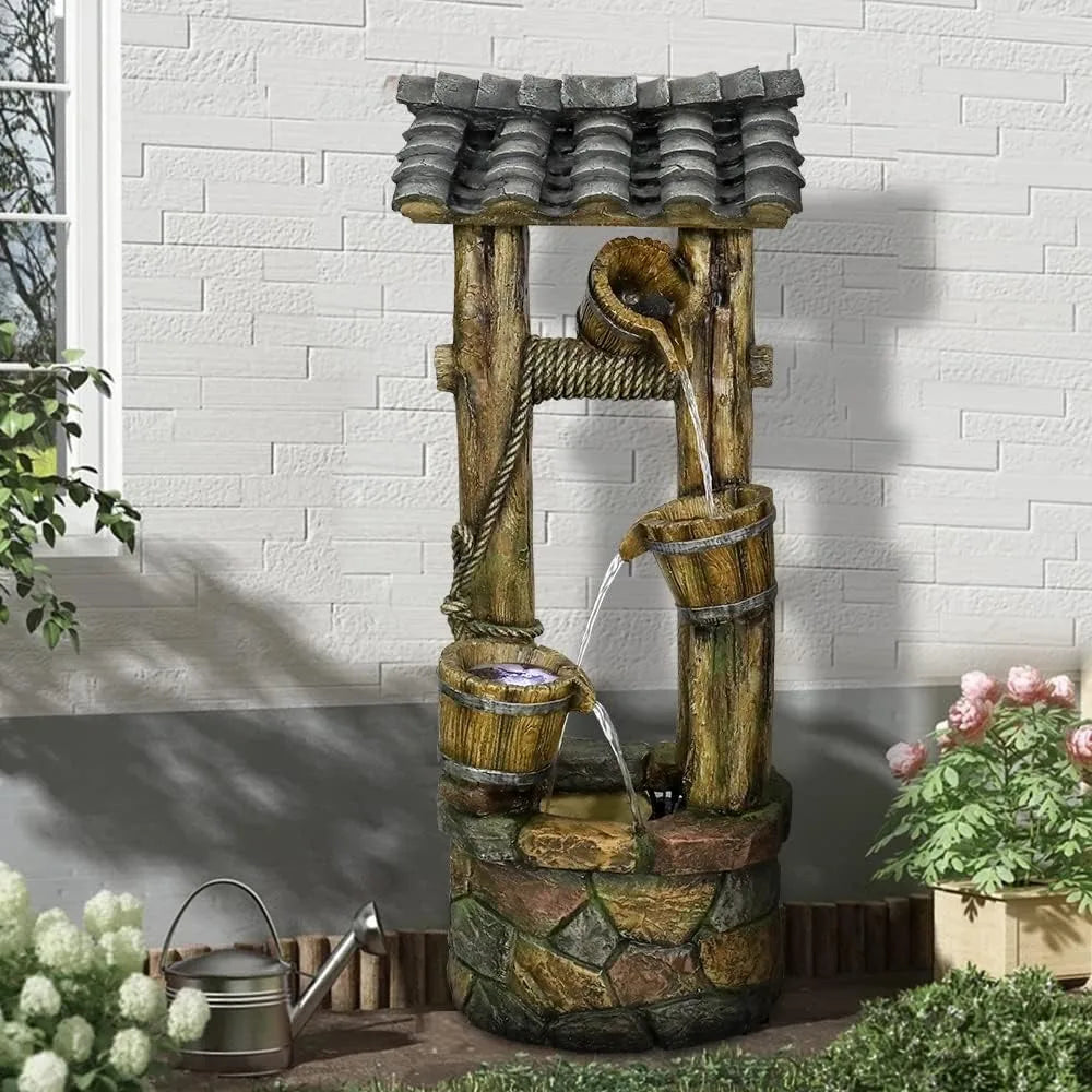 Wishing Well Water Fountain, 39.3inches Rustic Outdoor Water Fountains - Outdoor Cascading Waterfall with Buckets, Pump & Lights