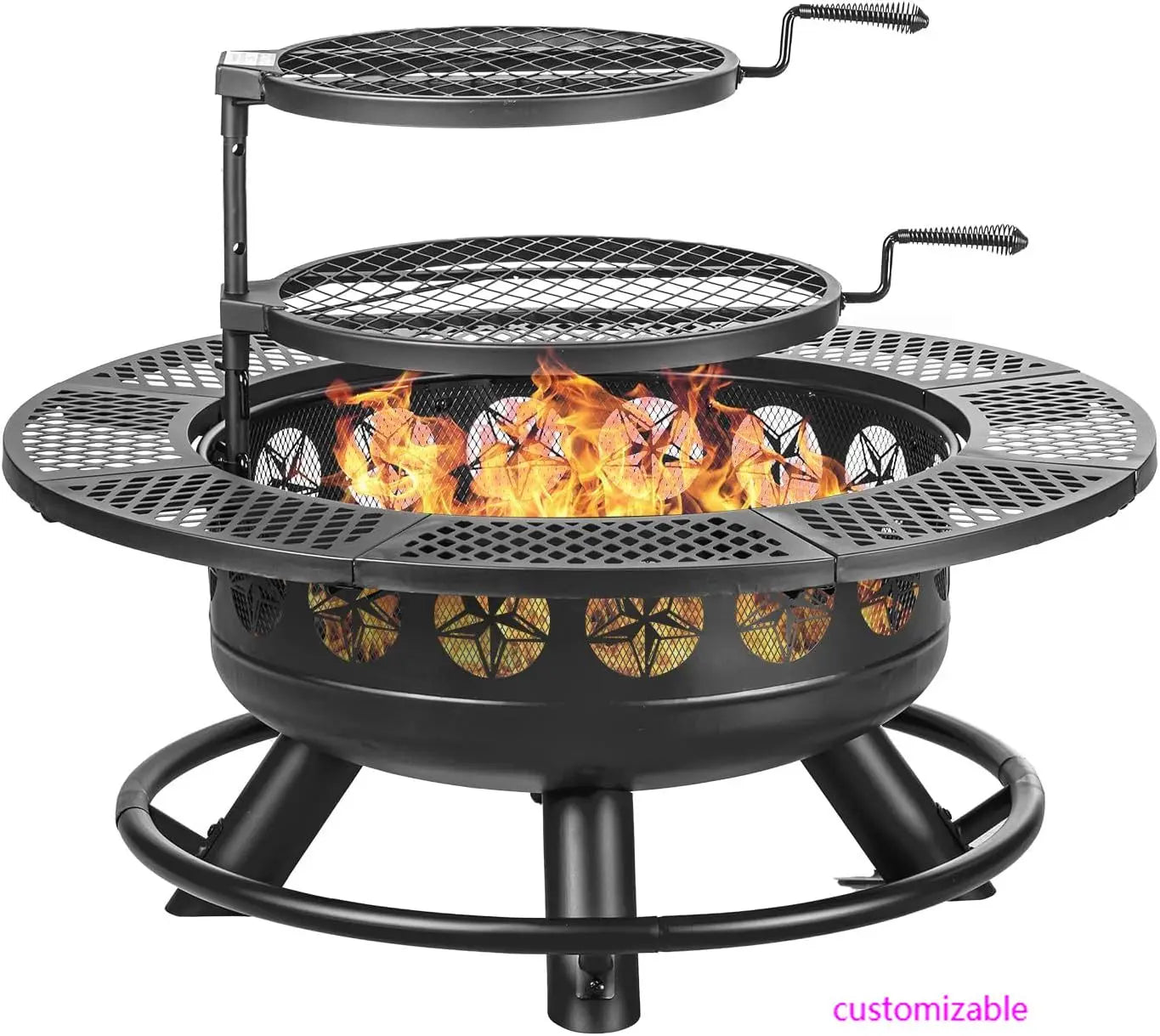 36 Inch Outdoor Wood Burning BBQ Fire Pit with 2 Cooking Grills and Lid