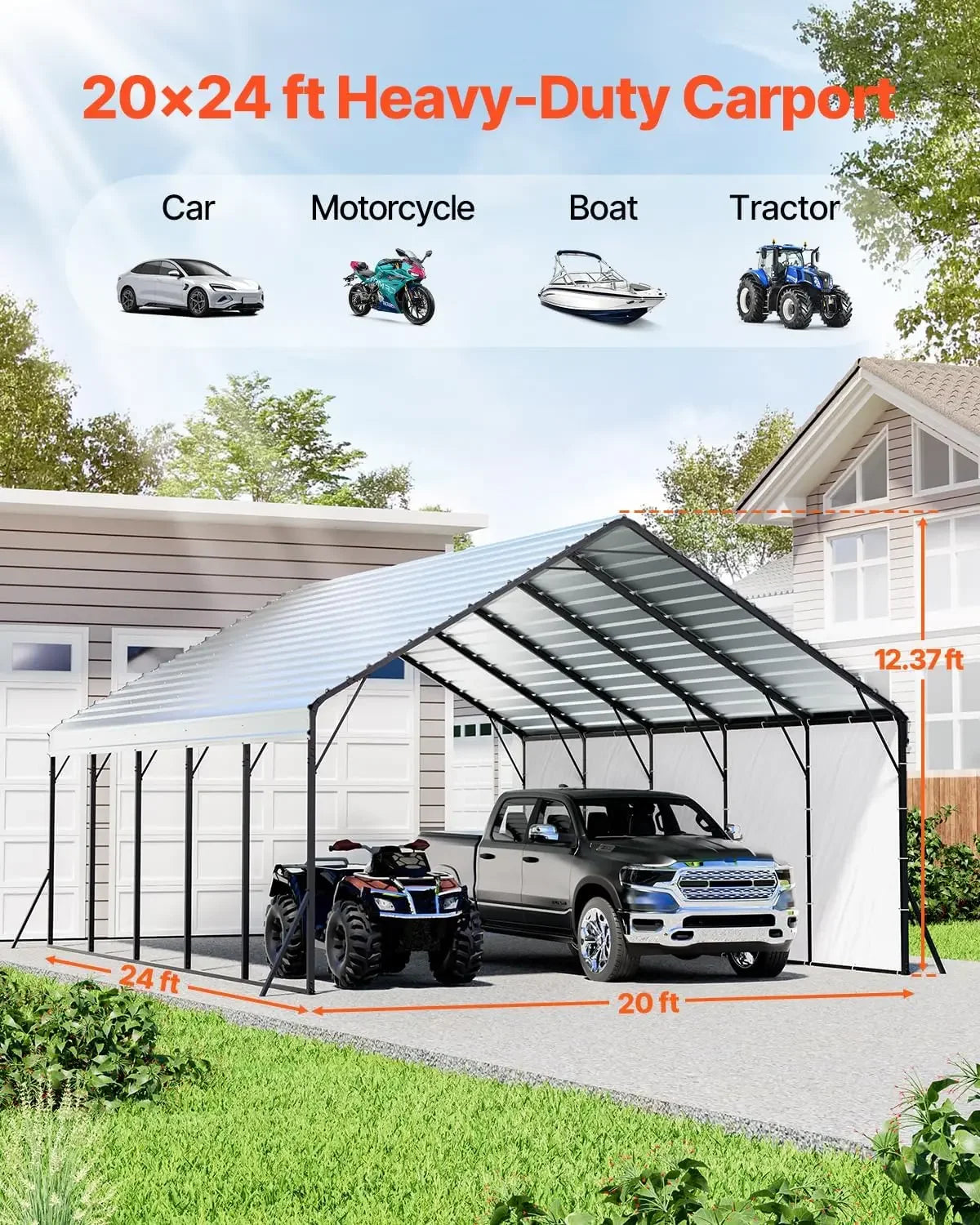 20x24 Ft Heavy Duty Metal Carport With Removable Sidewalls