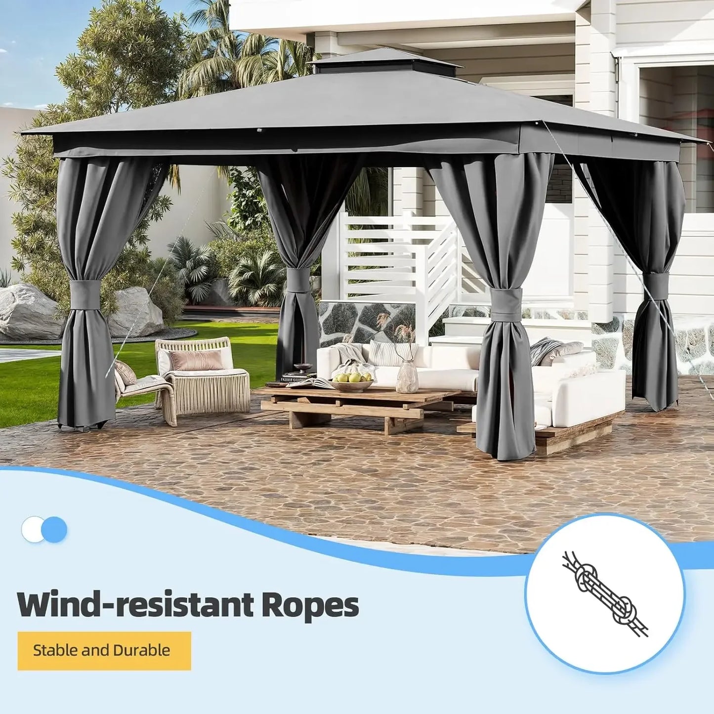 Outdoor 10x13 Grey Patio Gazebo Metal Frame Canopy with Double Roofs Heavy Duty Pavilion with Curtains and Nettings for Deck Lawn and Backyard