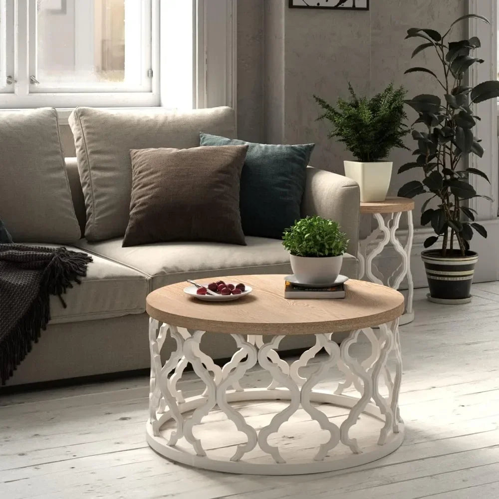 Rustic Farmhouse Coffee Table Distressed Wood Top Table with Curved Motif Frame Base for Boho French Country Decor