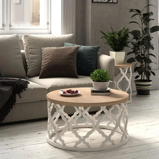 Rustic Farmhouse Coffee Table Distressed Wood Top Table with Curved Motif Frame Base for Boho French Country Decor