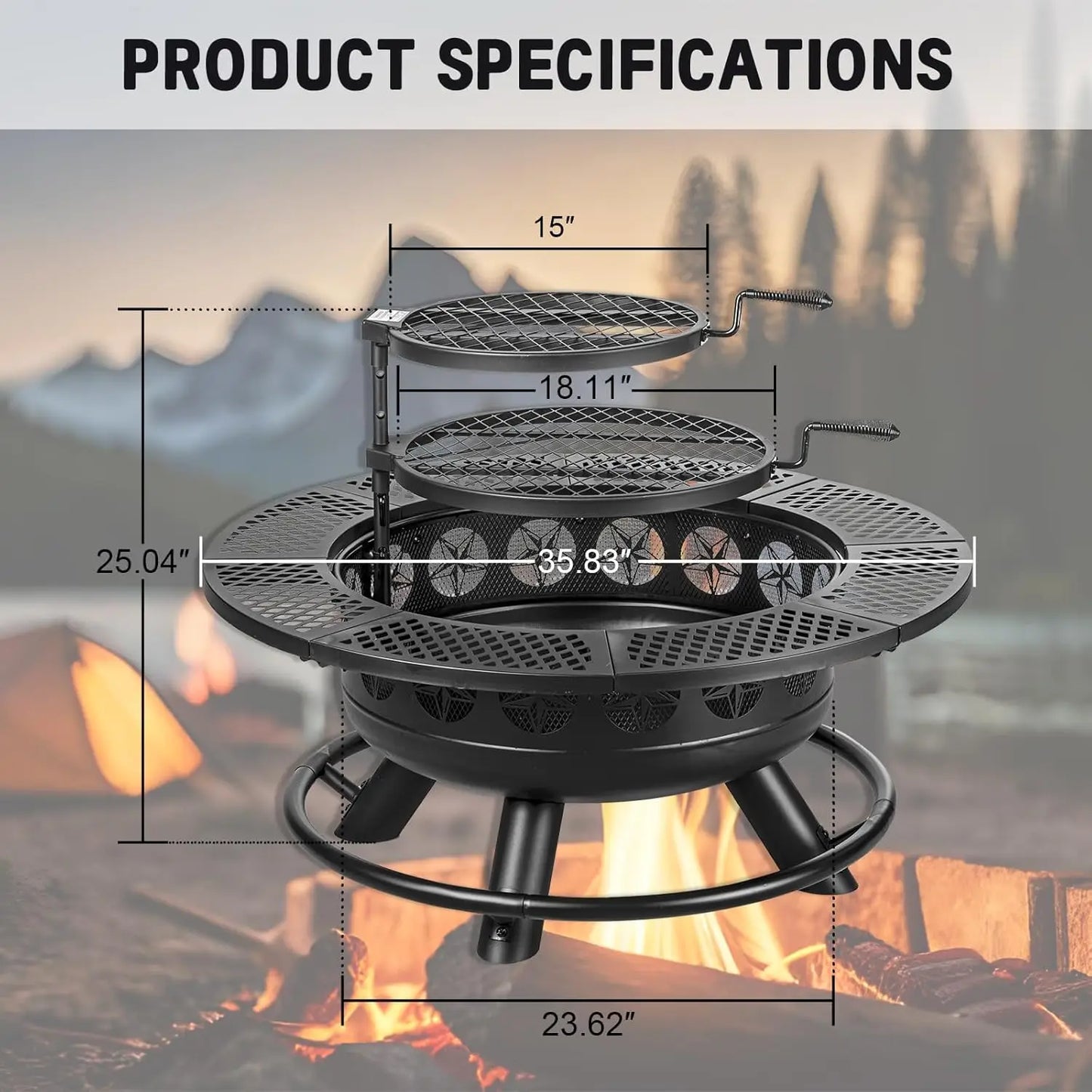 36 Inch Outdoor Wood Burning BBQ Fire Pit with 2 Cooking Grills and Lid