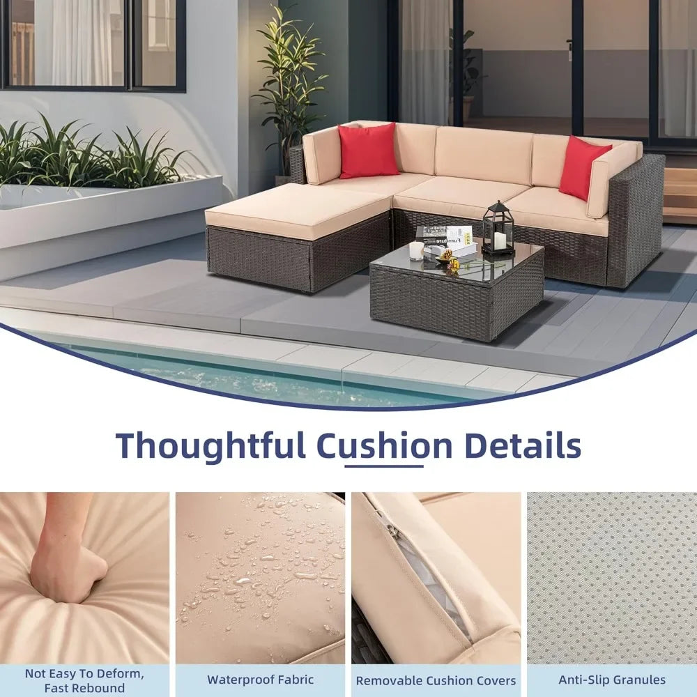5 Piece Patio Furniture Set All Weather Brown PE Wicker Outdoor Couch Sectional