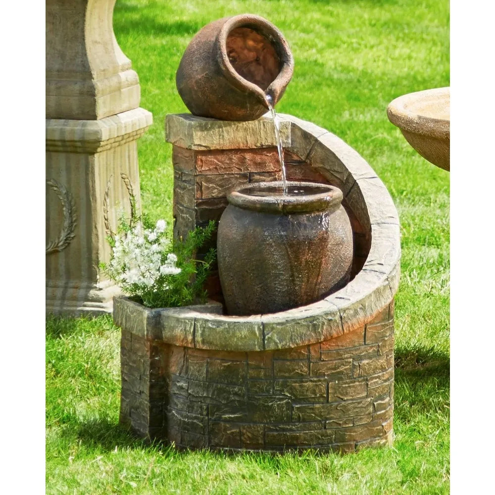 Verona Rustic Outdoor Floor Cascading Water Fountain 35" High with LED Light Planter Box for Garden Patio Backyard Deck Home Law