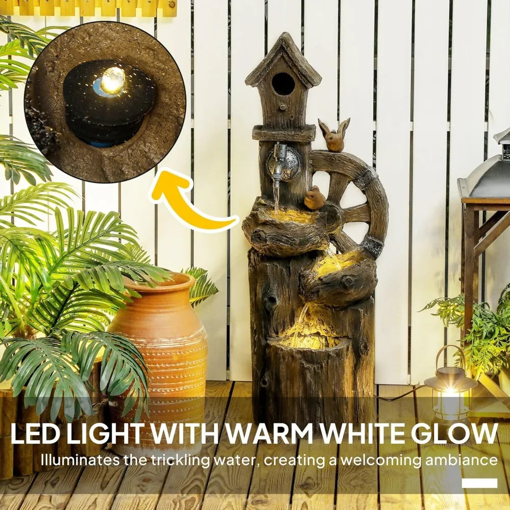 Decorative Garden Birdhouse 3-Tier Cascading Waterfall with LED Lights and Water Wheel Soothing Tranquility for Home Garden