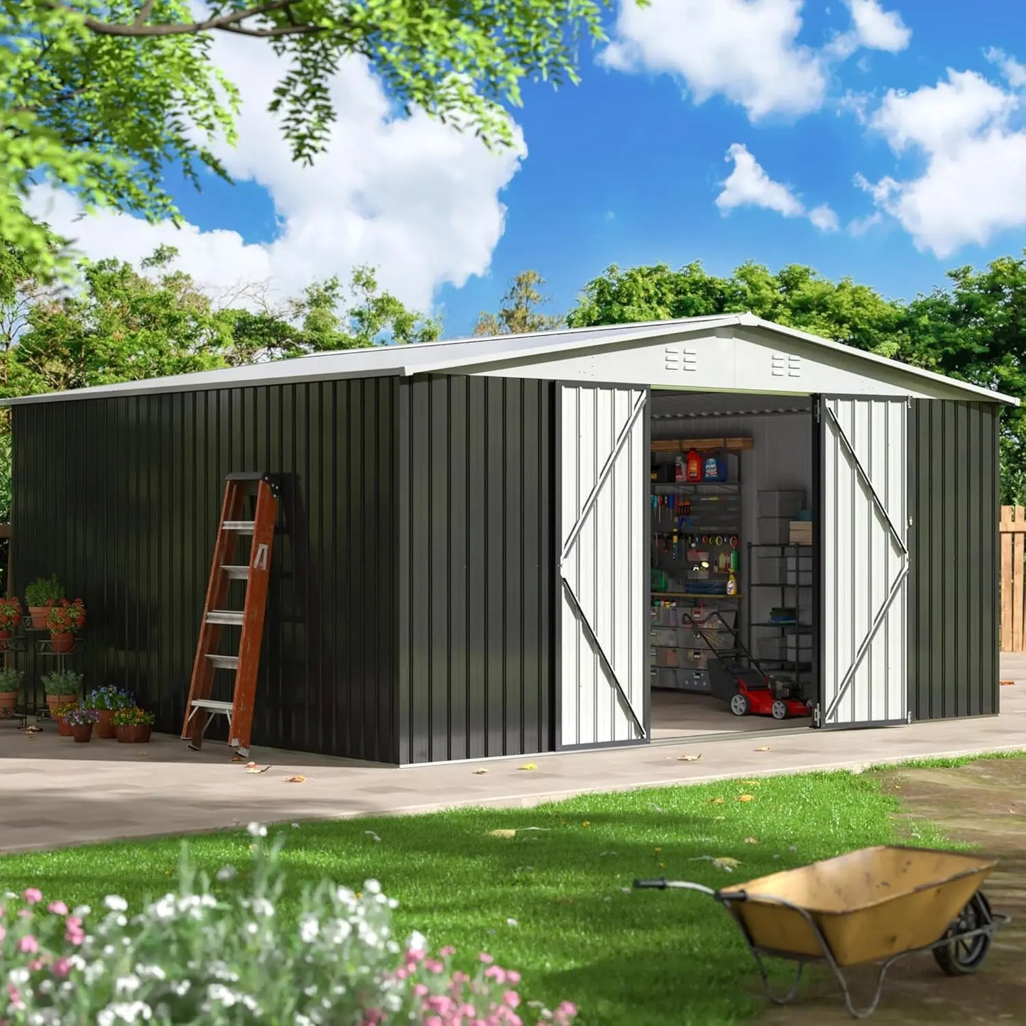 12x14 Ft Outdoor Metal Storage Shed With Lockable Doors