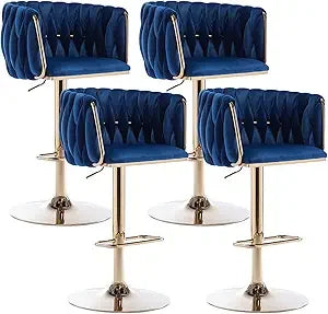 360 Degree Velvet Swivel Bar Stools Set of 4 Adjustable Counter Height Bar Chairs with Woven Back and Footrest Luxury Gold Bar Stools