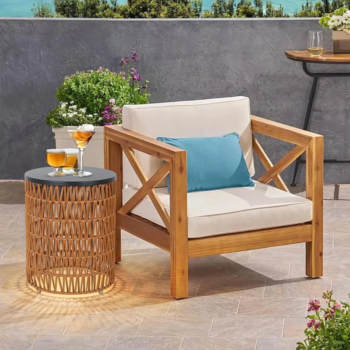 Outdoor Side End Table with Dimmable Light Remote Control 2 Pack Small Round Patio Table with Timing Light Outside Plastic Desk