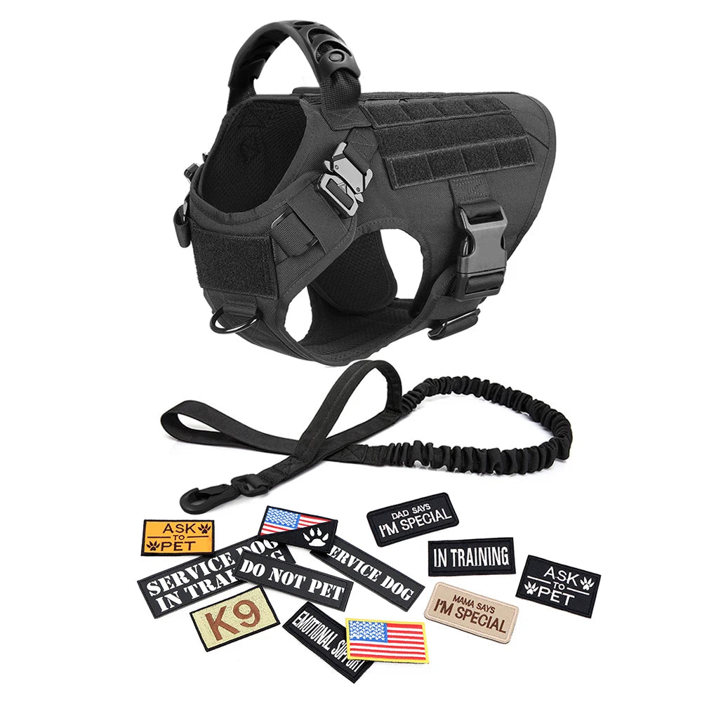 Military Large Dog Harness with Collar Leash Bags and Patches Set for Pet Malinois Training Vests Tactical Dog Accessories