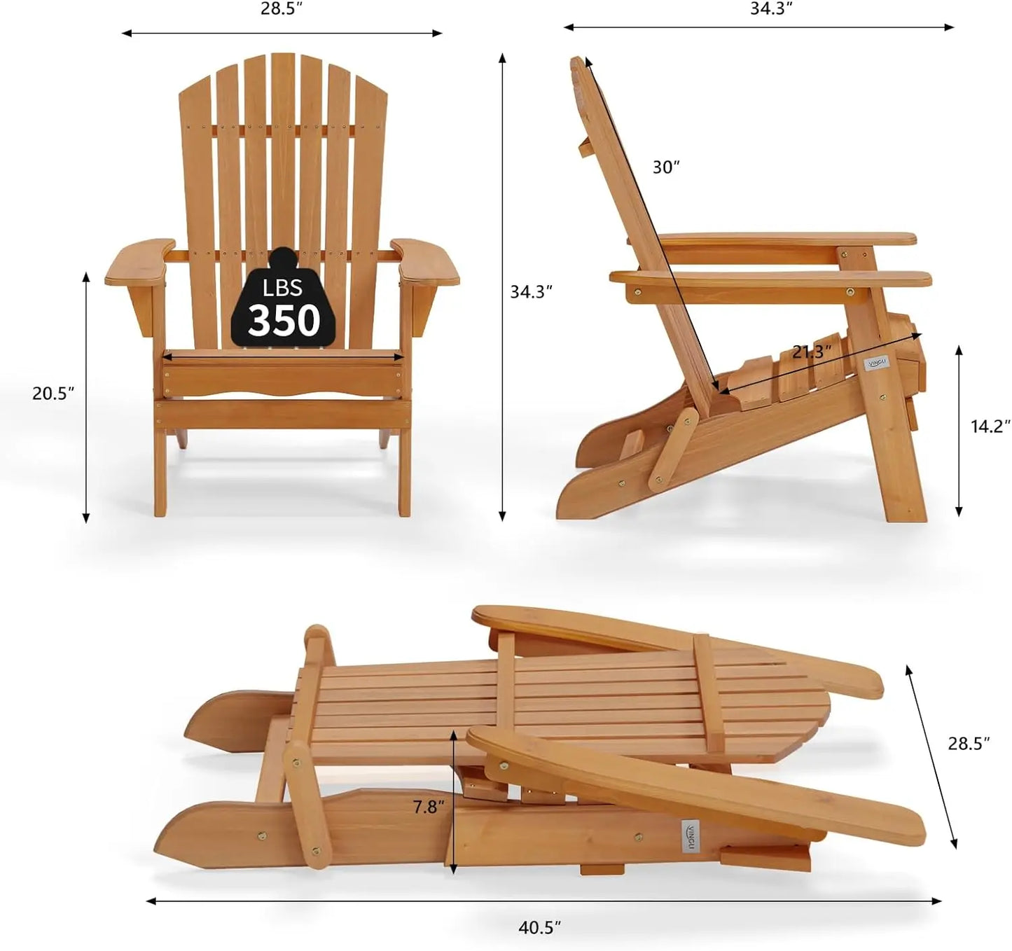 Folding Adirondack Chairs Set of 4 Teak Wood Outdoor Chairs Foldable Fire Pit Chairs for Patio BBQ Porch Yard Pool