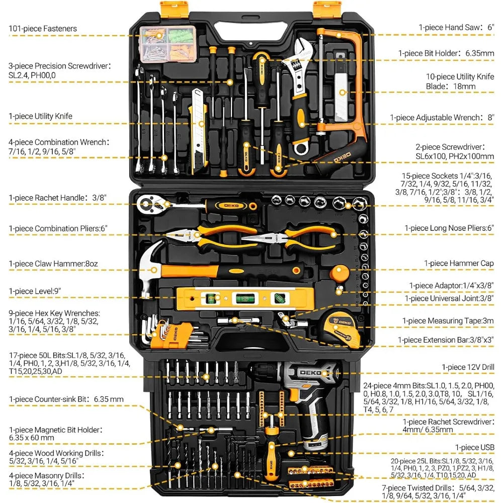 Home Mechanic Tool Kit 12V Cordless Drill Set Organizer