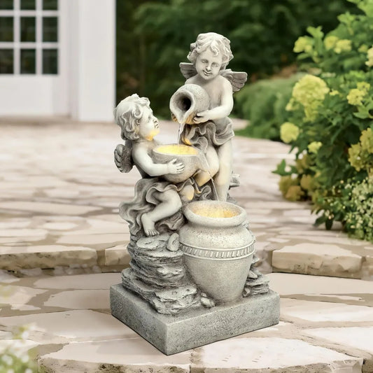 LuxenHome 30 Inch Outdoor Water Fountain Resin Angels Water Fountain Indoor Outdoor with LED Light 3 Layer Angels and Urn