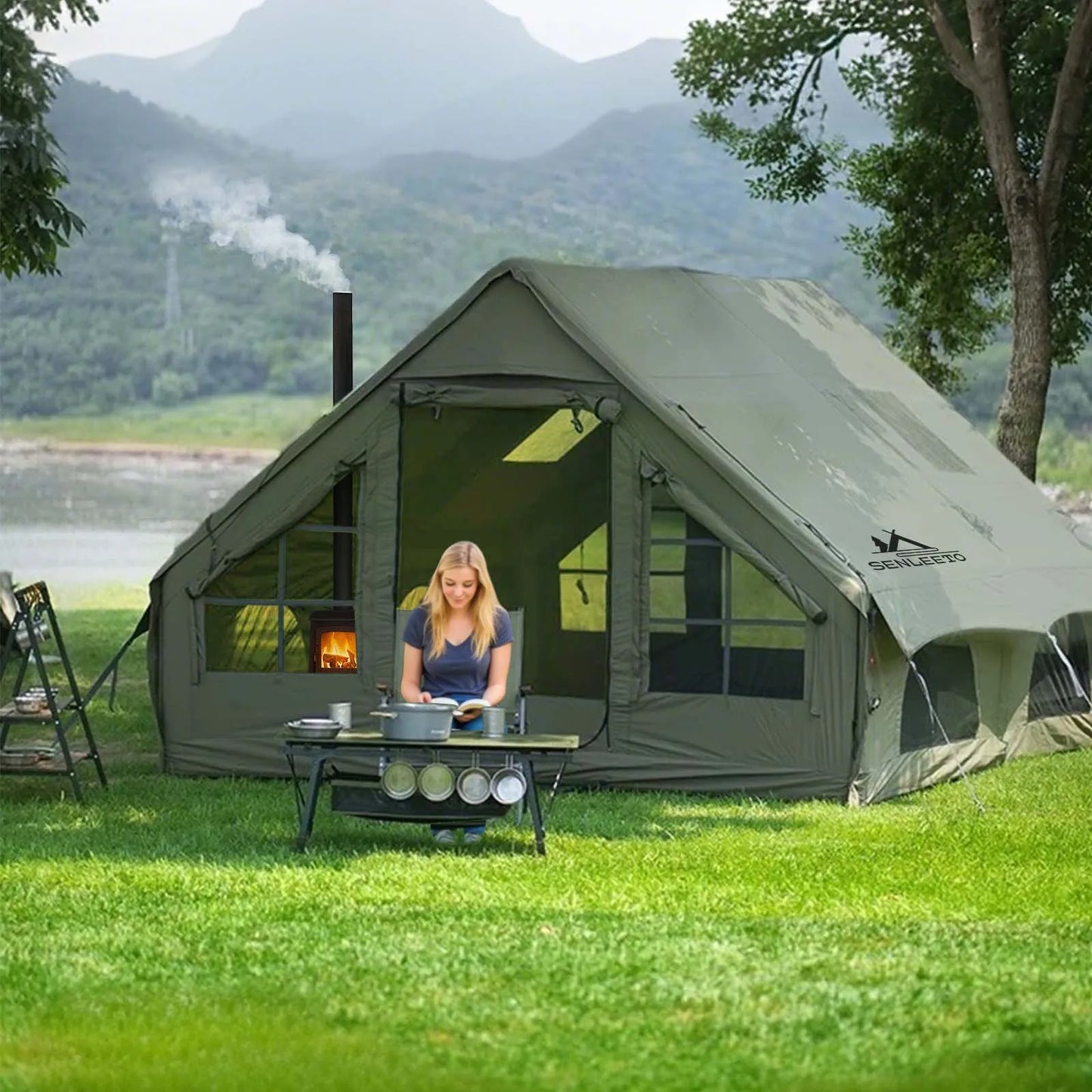 Army Green Inflatable Camping Tent 13 By 10 Ft 4 Season Waterproof Oxford Fabric