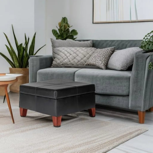 Luxury Large Faux Leather Square Storage Ottoman for Living Room and Bedroom Black