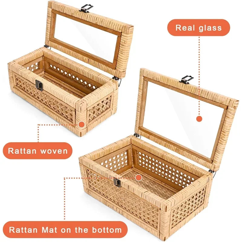 Rattan Decorative Box with Lid Set of 2 Rectangular Woven Glass Display Wicker Decor