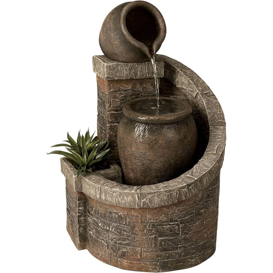Verona Rustic Outdoor Floor Cascading Water Fountain 35" High with LED Light Planter Box for Garden Patio Backyard Deck Home Law