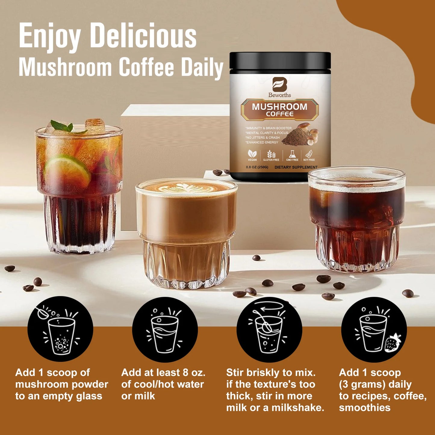 Mushroom Coffee Supplement 10 Mushroom Blend Lion's Mane Chaga Cordyceps Brain Supplements for Energy Memory and Immunity