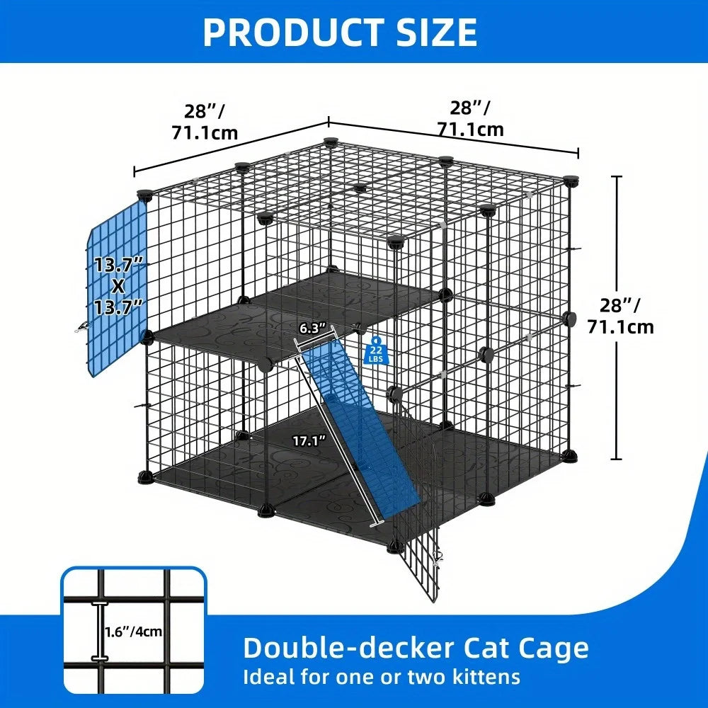 28 Inch Cat Cage 2 Tier Indoor Enclosure DIY Playpen For 1 To 2 Cats Black