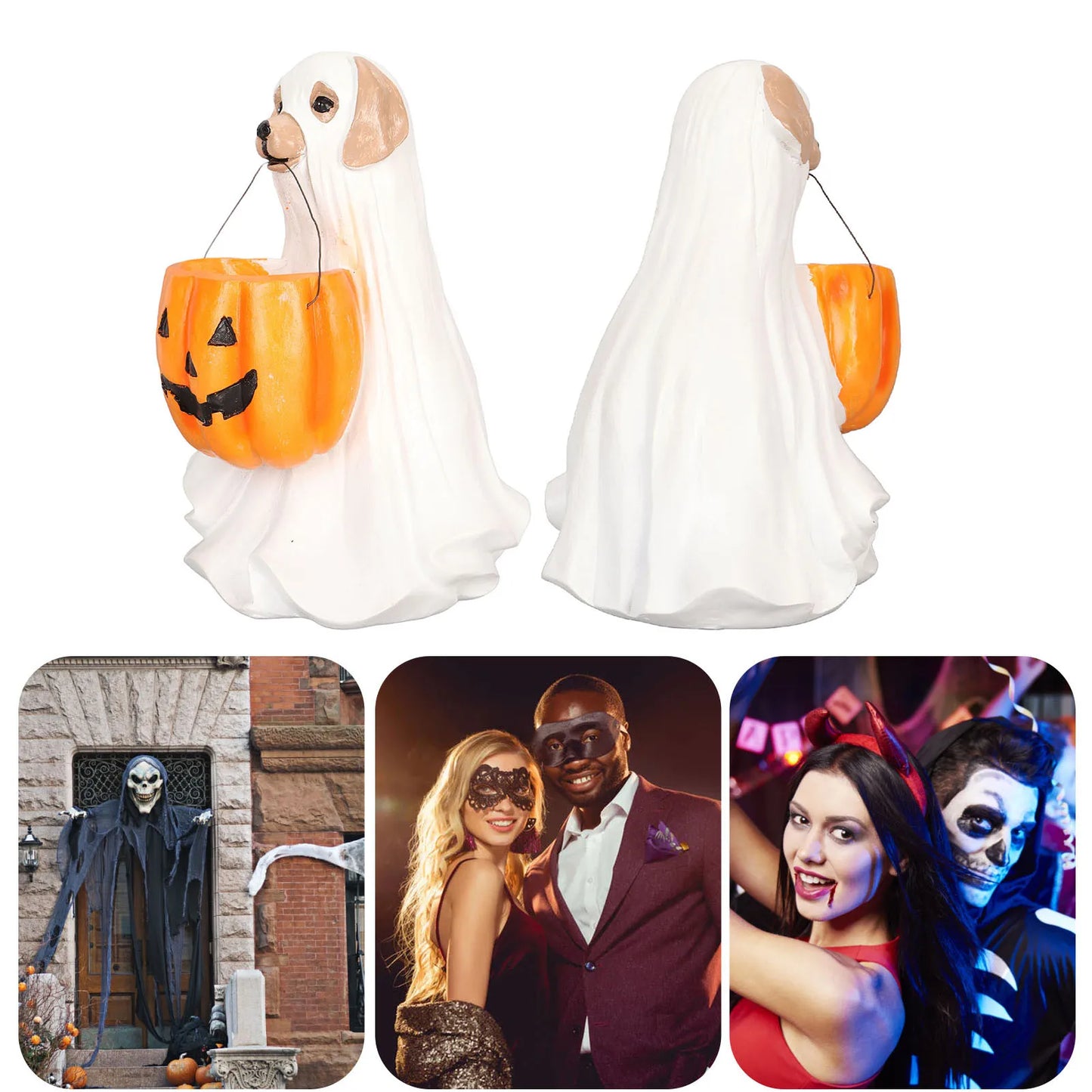 Halloween Ghost Dog Statue Resin Pumpkin Dog Ornament Cute Spooky Ghost Dog Figurine for Indoor Outdoor Pumpkin Dog Figurine