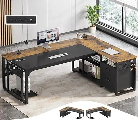 71 Inch Executive L Shaped Desk With Power Outlets Storage