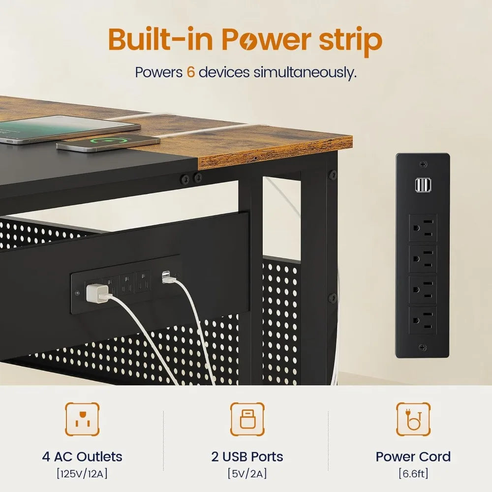 71 Inch Executive L Shaped Desk With Power Outlets Storage