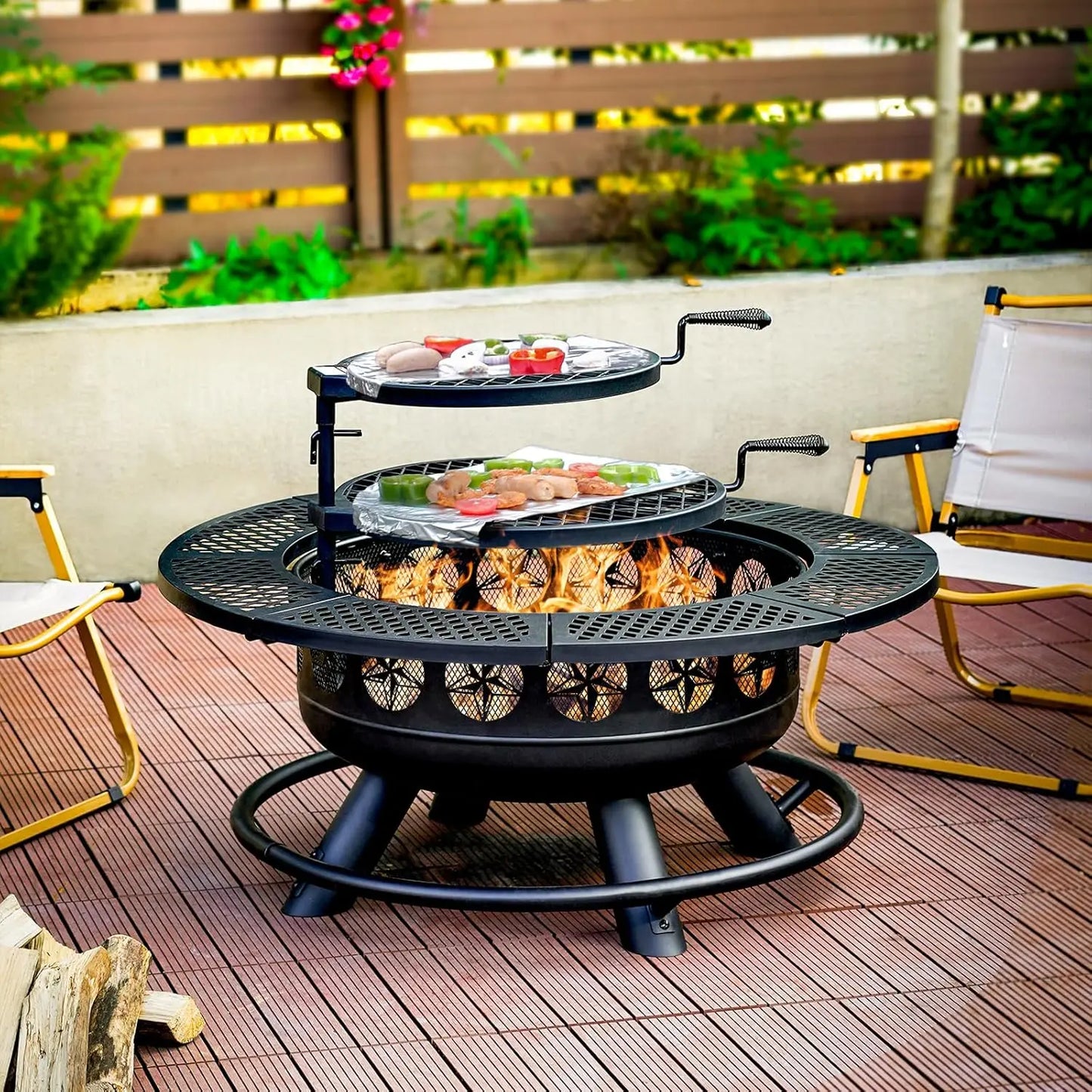 36 Inch Outdoor Wood Burning BBQ Fire Pit with 2 Cooking Grills and Lid
