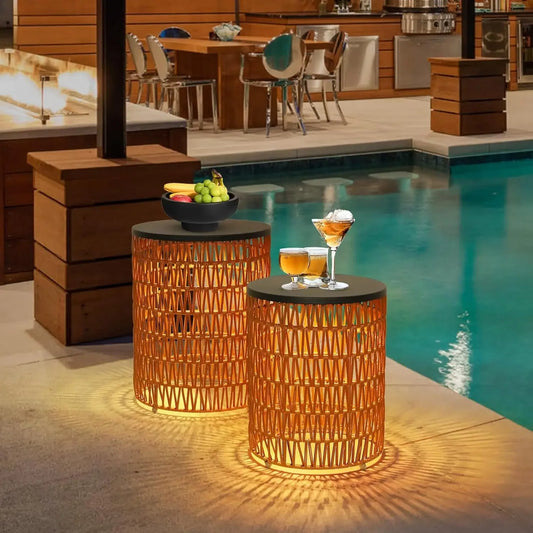 Outdoor Side End Table with Dimmable Light Remote Control 2 Pack Small Round Patio Table with Timing Light Outside Plastic Desk