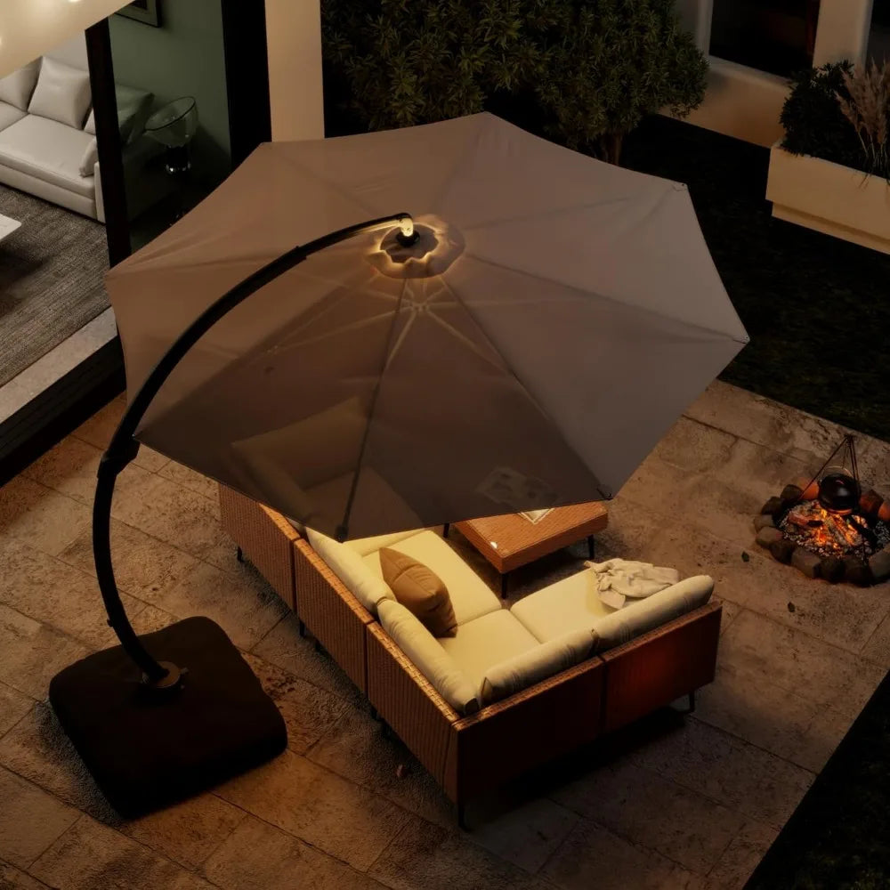 11FT Solar Powered LED Light Cantilever Patio Umbrella With Base Round Large Aluminum Outdoor Heavy Duty