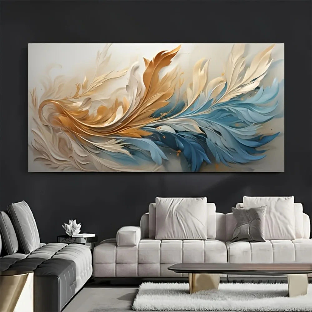 Modern Abstract Gold Feather Canvas Art with 1.5 Inch Thick Pine Solid Wood Frame for Interior Decoration