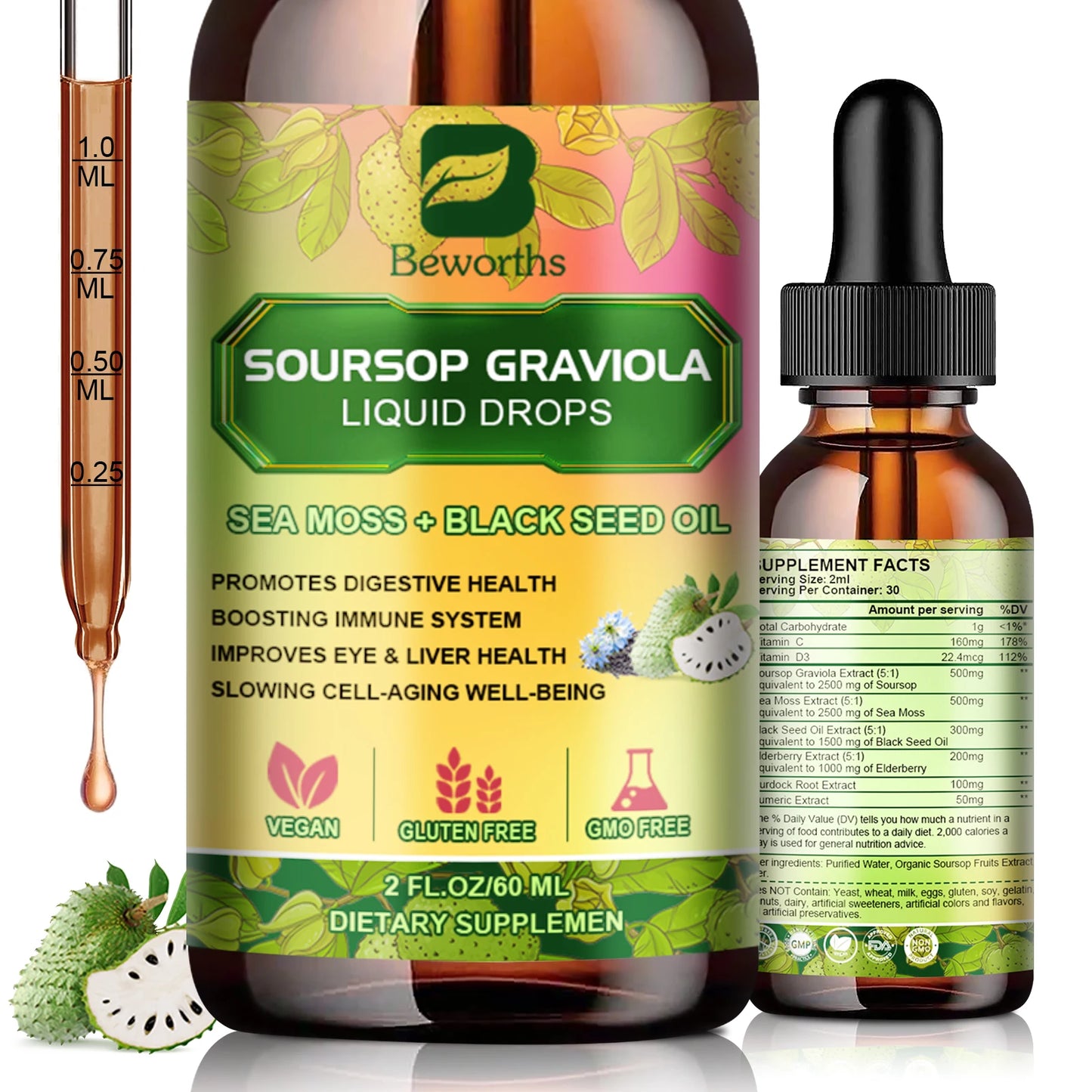 Beworths 60ml Soursop Graviola Extract Drops Support Immunity Kidney Health Detox Antioxidation Gluten Free