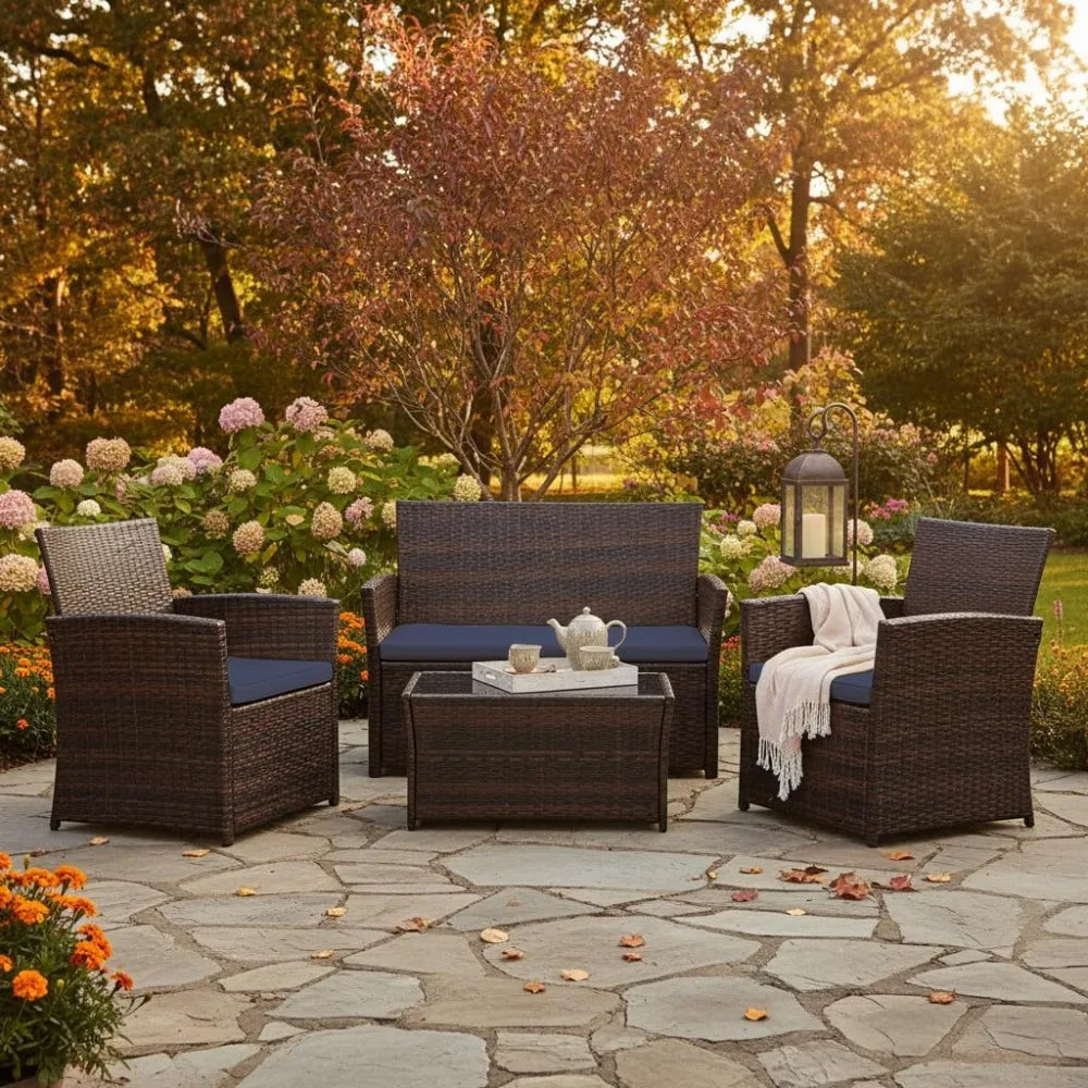 4 Piece Outdoor Patio Sectional Set Rattan Wicker Table And Chairs Loveseat