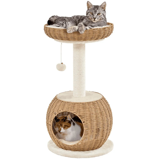 29.5 Inch Tall Rattan Cat House with Soft Cushion and Natural Sisal Scratching Post in Beige