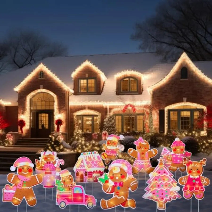 10 Pink Gingerbread Man Yard Signs With Stakes Light Up Outdoor Christmas Decor