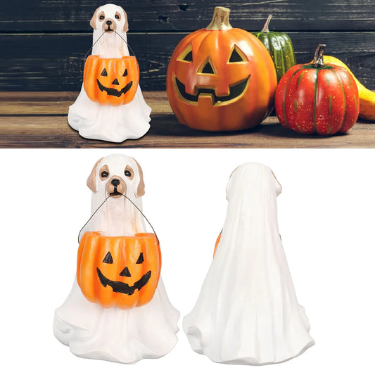 Halloween Ghost Dog Statue Resin Pumpkin Dog Ornament Cute Spooky Ghost Dog Figurine for Indoor Outdoor Pumpkin Dog Figurine