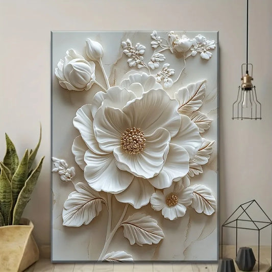 White Flower Pattern Wood Frame Canvas Murals Wall Mounted Decoration for Living Room