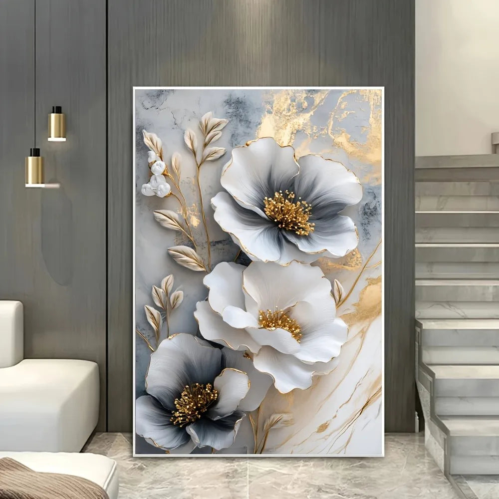 Modern Luxury Floral Canvas Mural Framed 3D Floral Painting for Bedroom and Living Room Decoration
