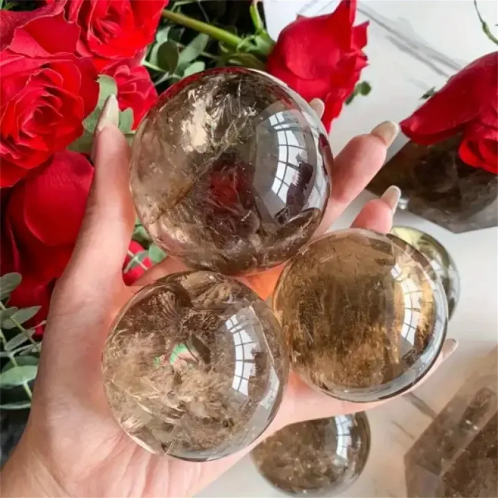 1pc Hand Polished Tea Quartz Crystal Ball Natural Stone Sphere with Earthy Tones and Unique Inclusions
