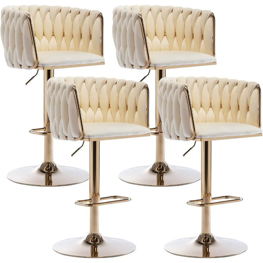 360 Degree Velvet Swivel Bar Stools Set of 4 Adjustable Counter Height Bar Chairs with Woven Back and Footrest Luxury Gold Bar Stools