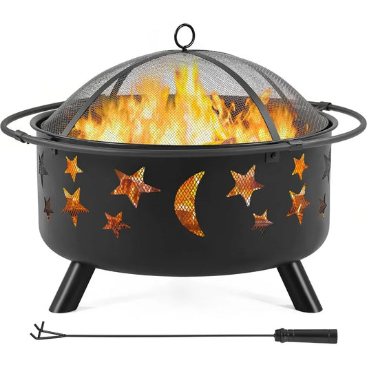 30 Inch Wood Burning Fire Pit With Spark Screen And Poker