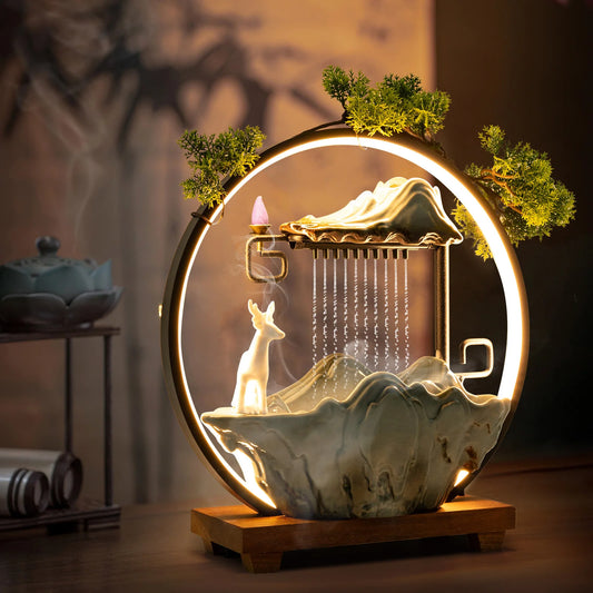 Indoor LED Waterfall Fountain With Mist Maker And Warm Light Home Yoga Tabletop Zen Water Feature Deer Motif Good Luck Symbol