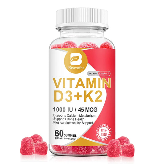 Beworths 60PCS Vitamin D3 and K2 Gummies 1000 IU Vitamin D3 and 45 Mcg Vitamin K2 for Bone Health and Muscle Function
