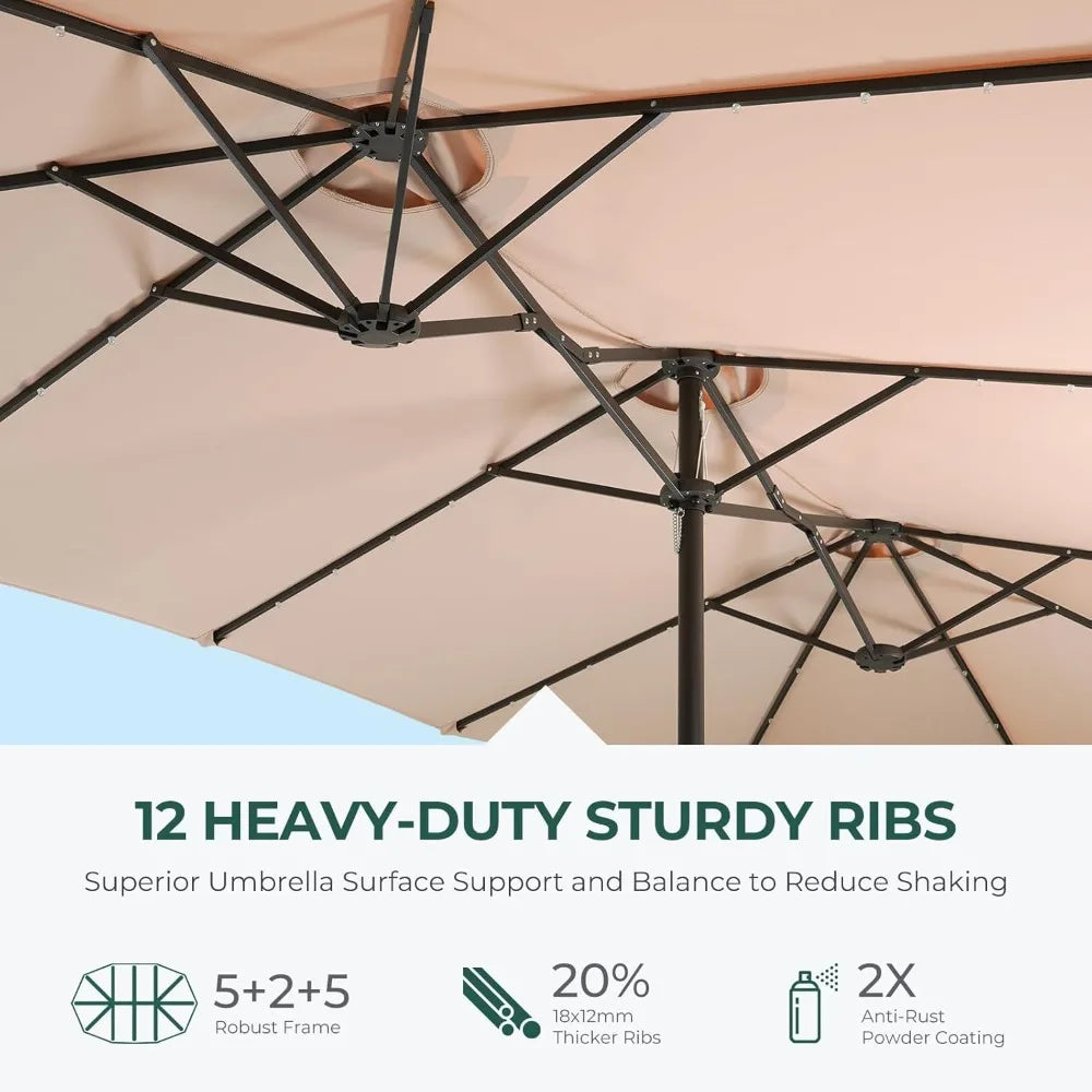 Double Sided Patio Umbrellas - 13ft Solar Lights LED Lighted Outdoor Extra Large Market Table Umbrella with Base Included